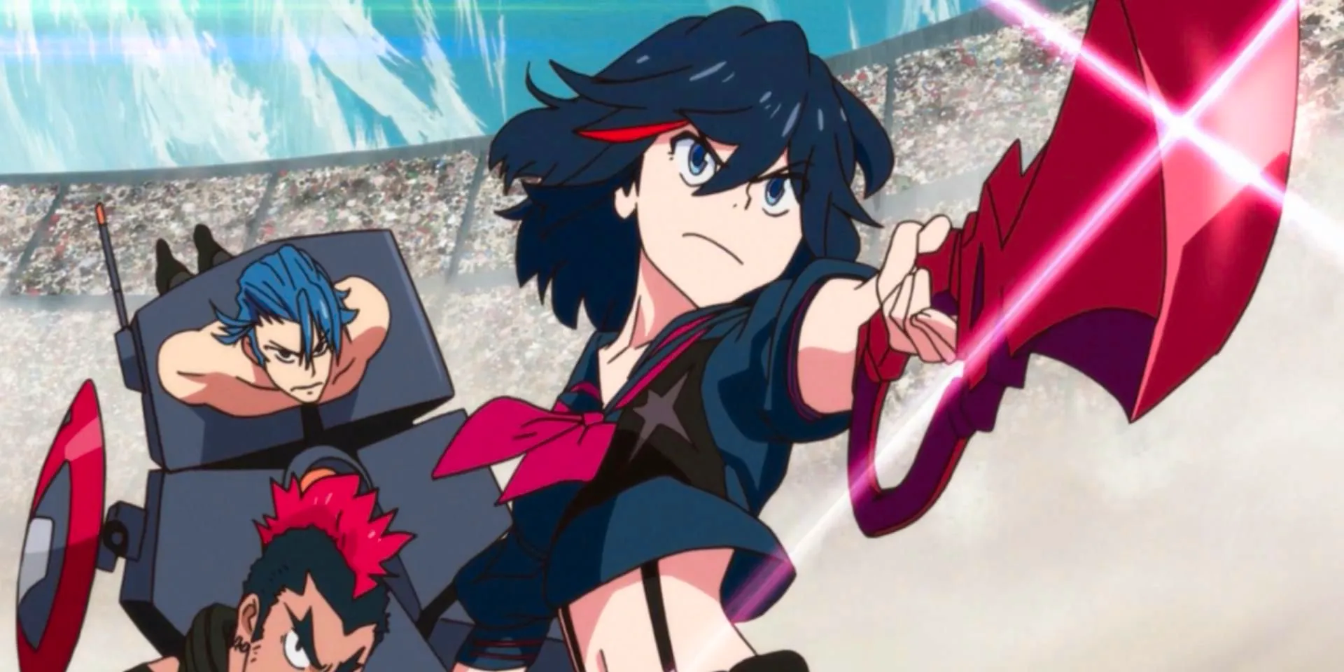 Kill La Kill screen cap featuring Ryuko holding her scissor blade up in a crowded arena space. Image