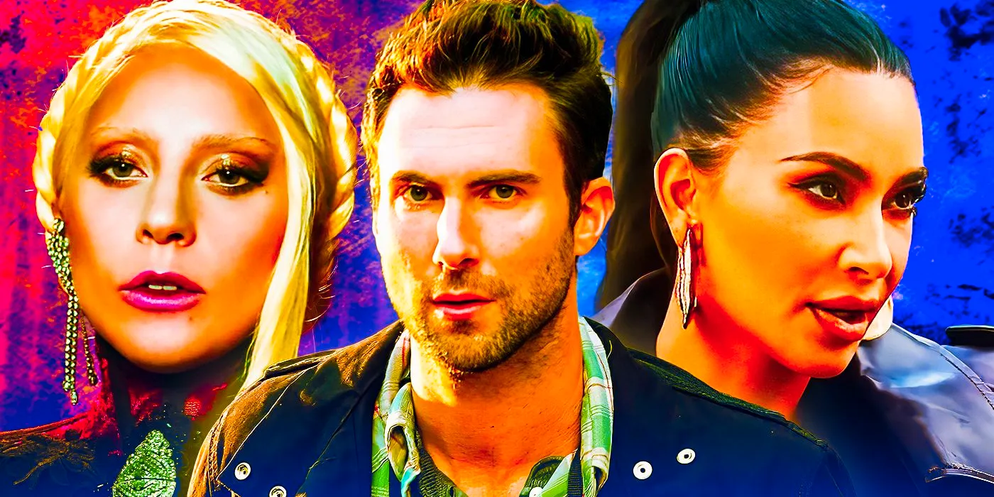 Kim Kardashian, Adam Levine, and Lady Gaga against a blue and red background in American Horror Story Image