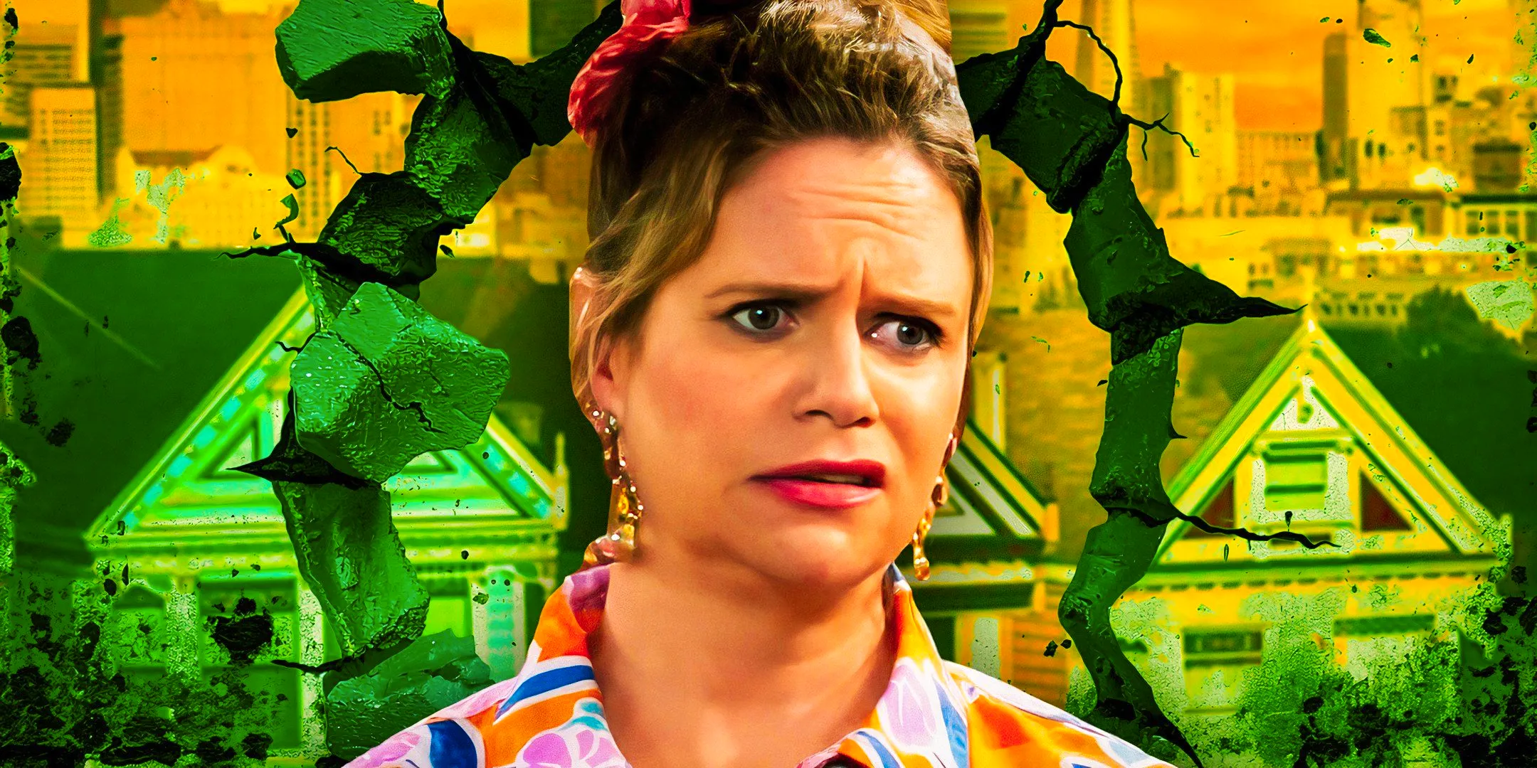 Kimmy Gibbler from Fuller House looking confused in a green background with houses Image