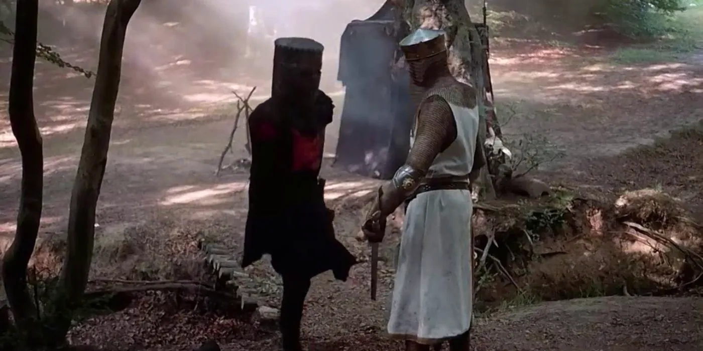 King Arthur battles the Black Knight, who only has one leg remaining. (Monty Python and the Holy Grail) Image