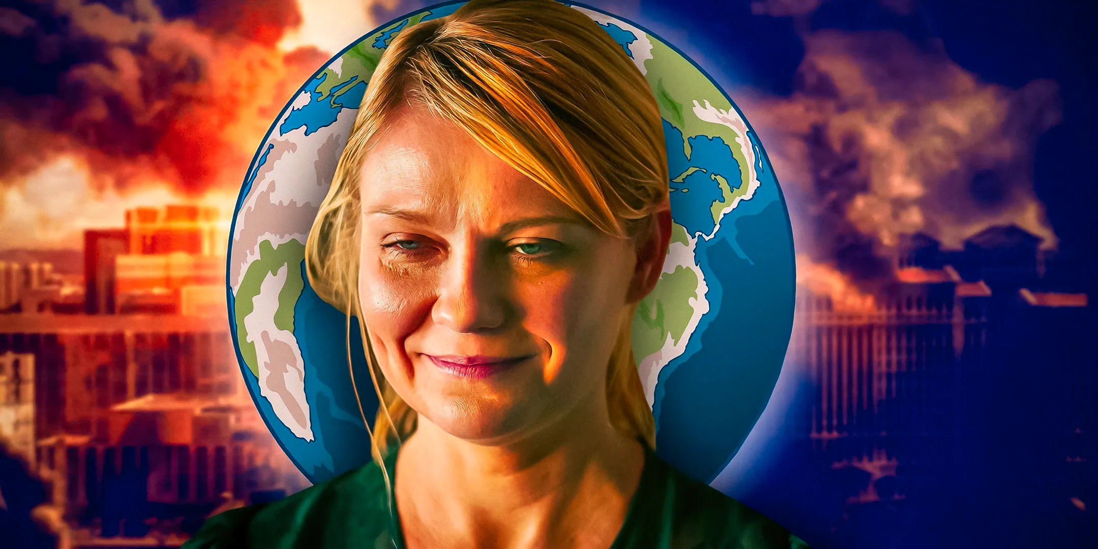 Kirsten Dunst as Lee looking upset with a city and globe behind her from Alex Garland's Civil War Image