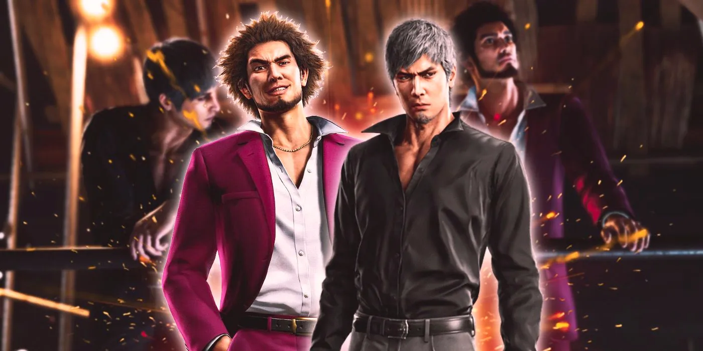 Kiryu raises an eyebrow and Ichiban smiles in screenshots from Like a Dragon. Image