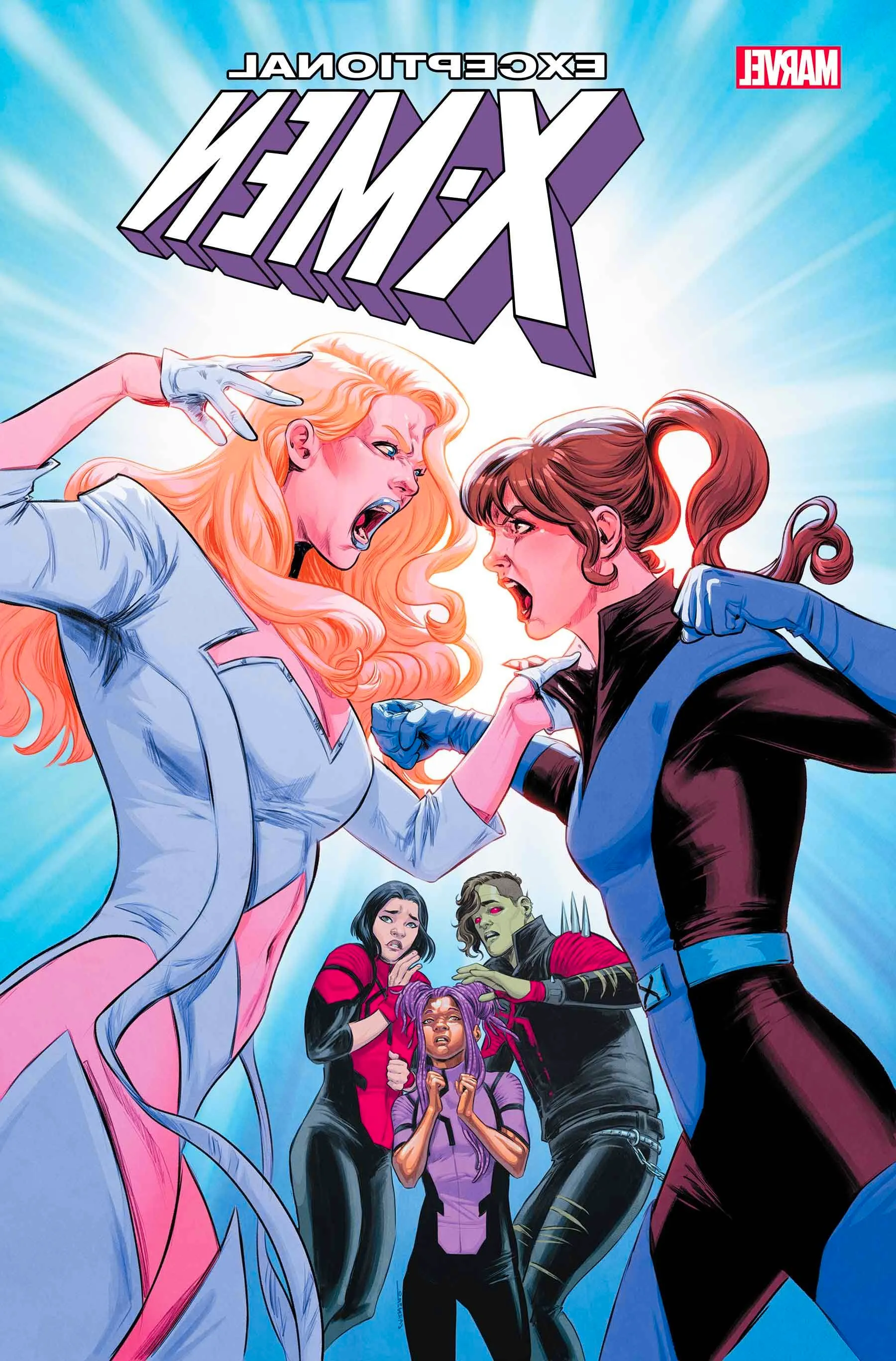 Kitty Pryde and Emma Frost yell at each other, almost coming to blows, while three younger mutants cower in the background between them. Image