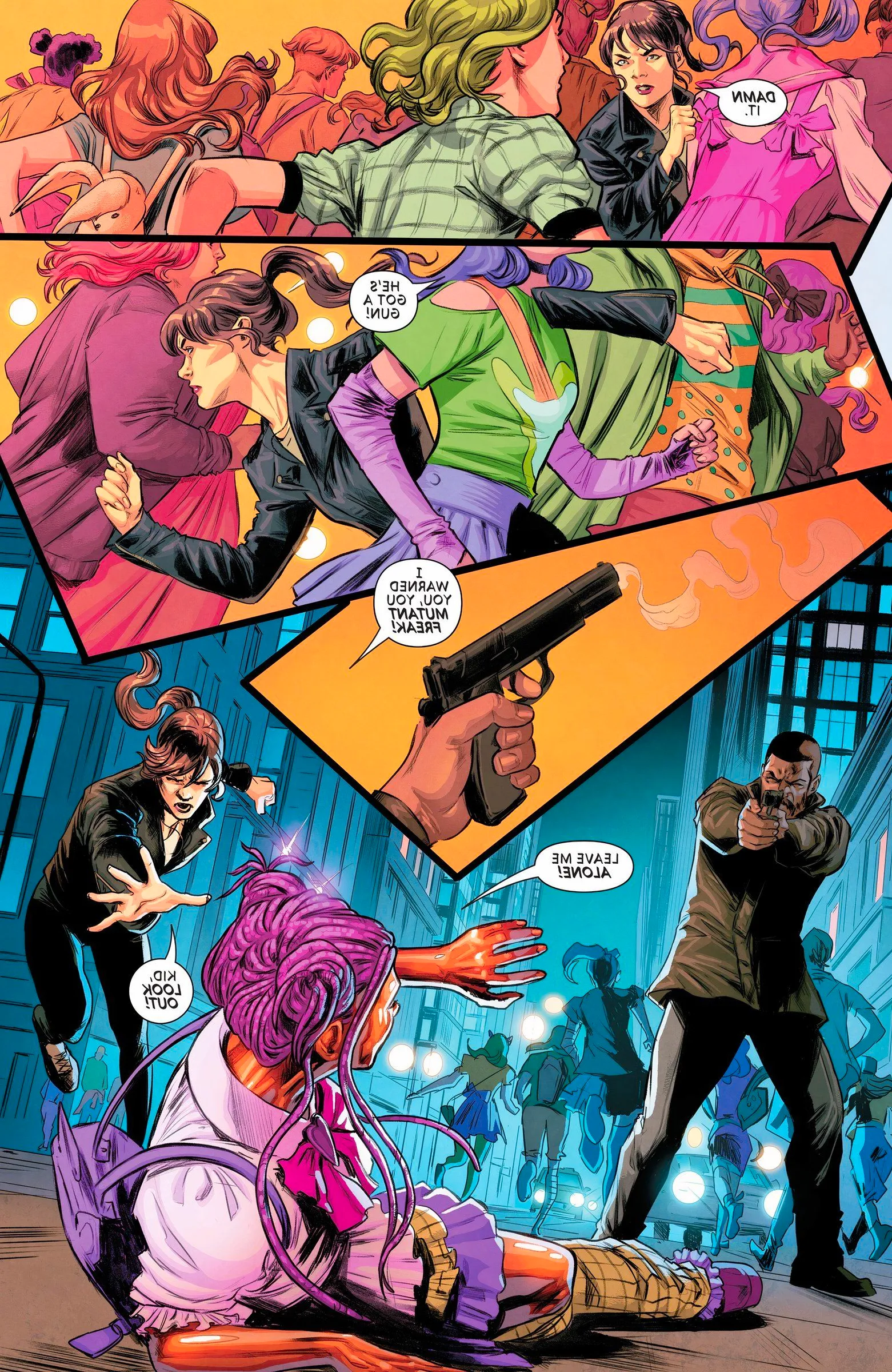 Kitty Pryde pushes through a crowd to reach the young mutant Bronze as a man raises a gun.  Image