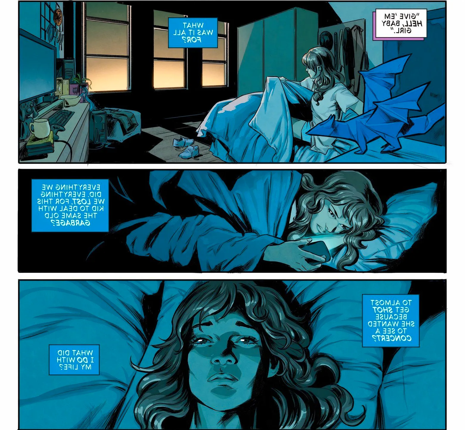 Kitty Pryde tosses restlessly in bed. An origami Lockheed sits on her dresser.  Image