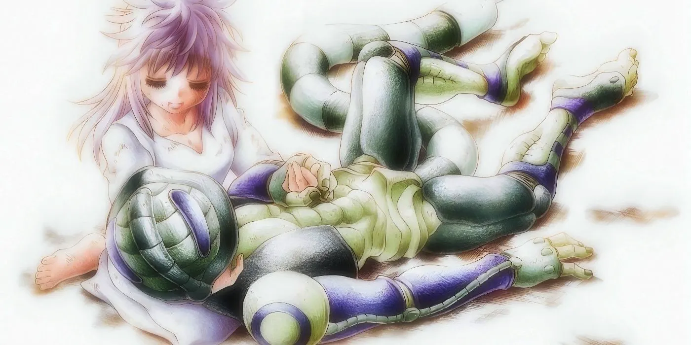 Komugi holds Meruem as the two hold hands and spend their last moments together after succumbing to the effects of the poison in Hunter x Hunter. Image