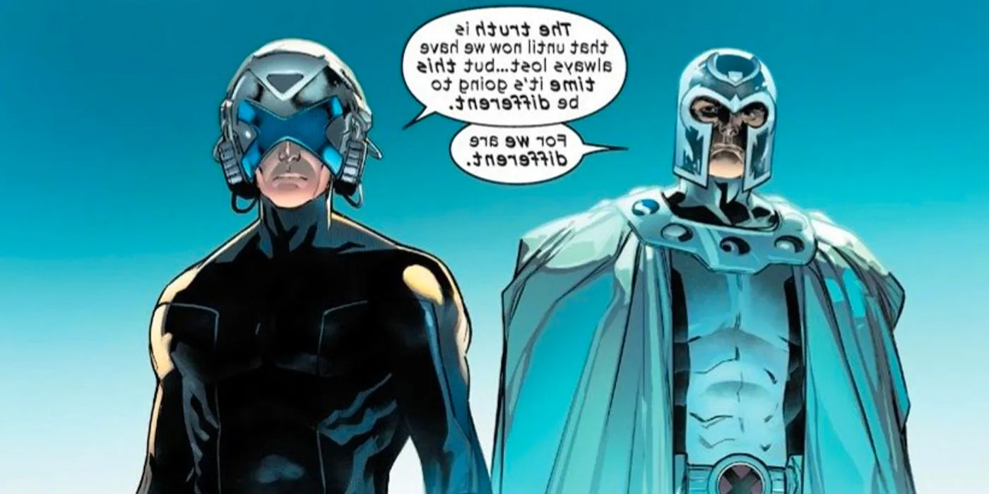 Krakoan Era Magneto (left) and Professor X (right) declaring that Krakoa will work because they are 