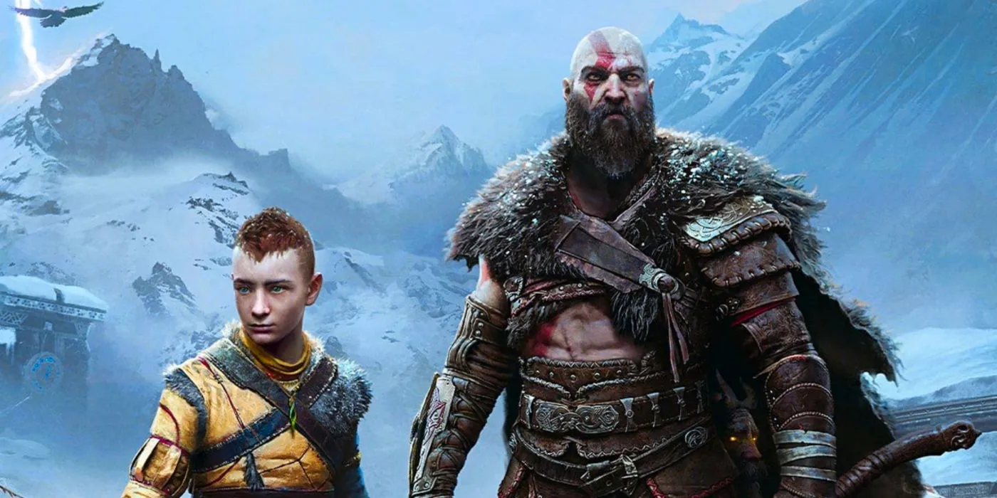 Kratos and Atreus stand together against a snowy landscape in God of War Ragnarok Image