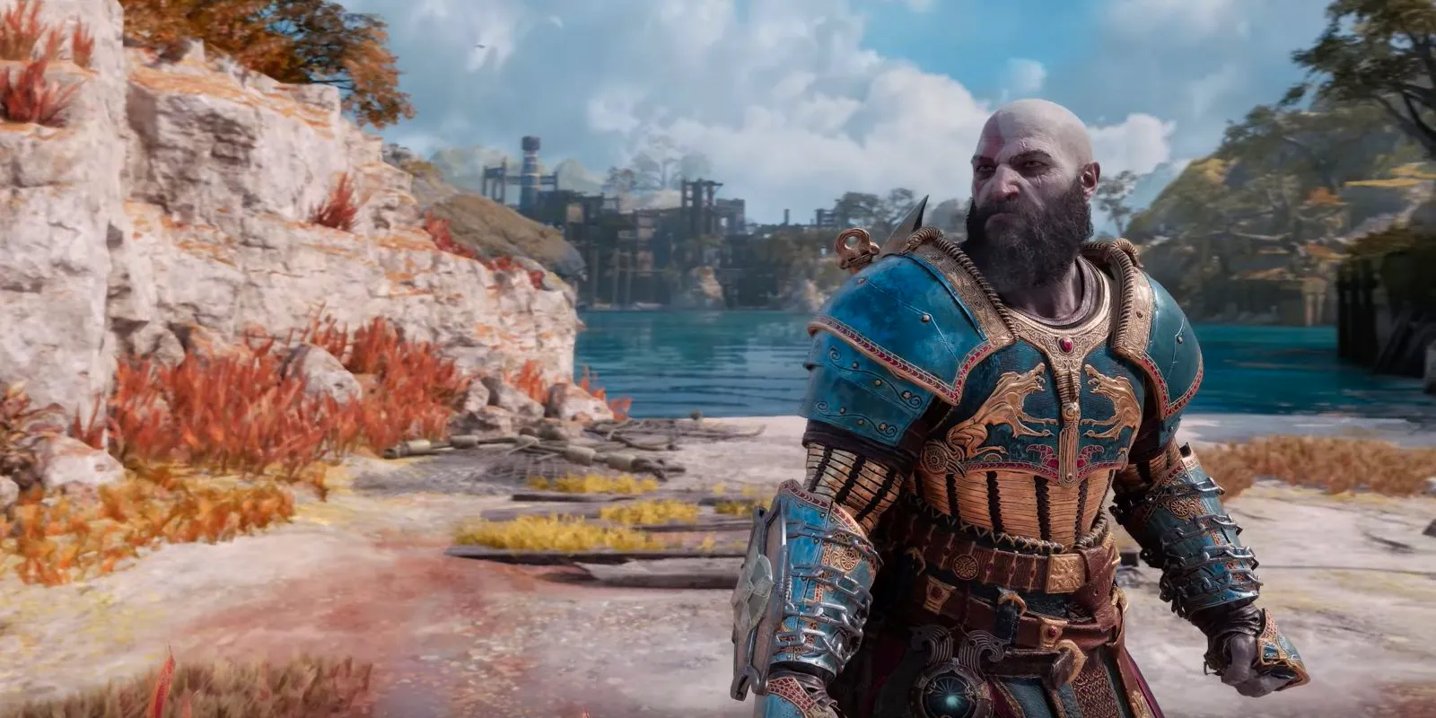 Kratos donning the Guiding Light armor in God of War Ragnarok. Image