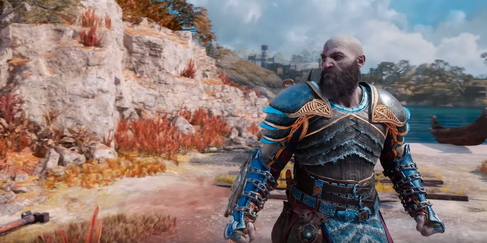 Kratos donning the Raven's Tears set in God of War Ragnarok. Image