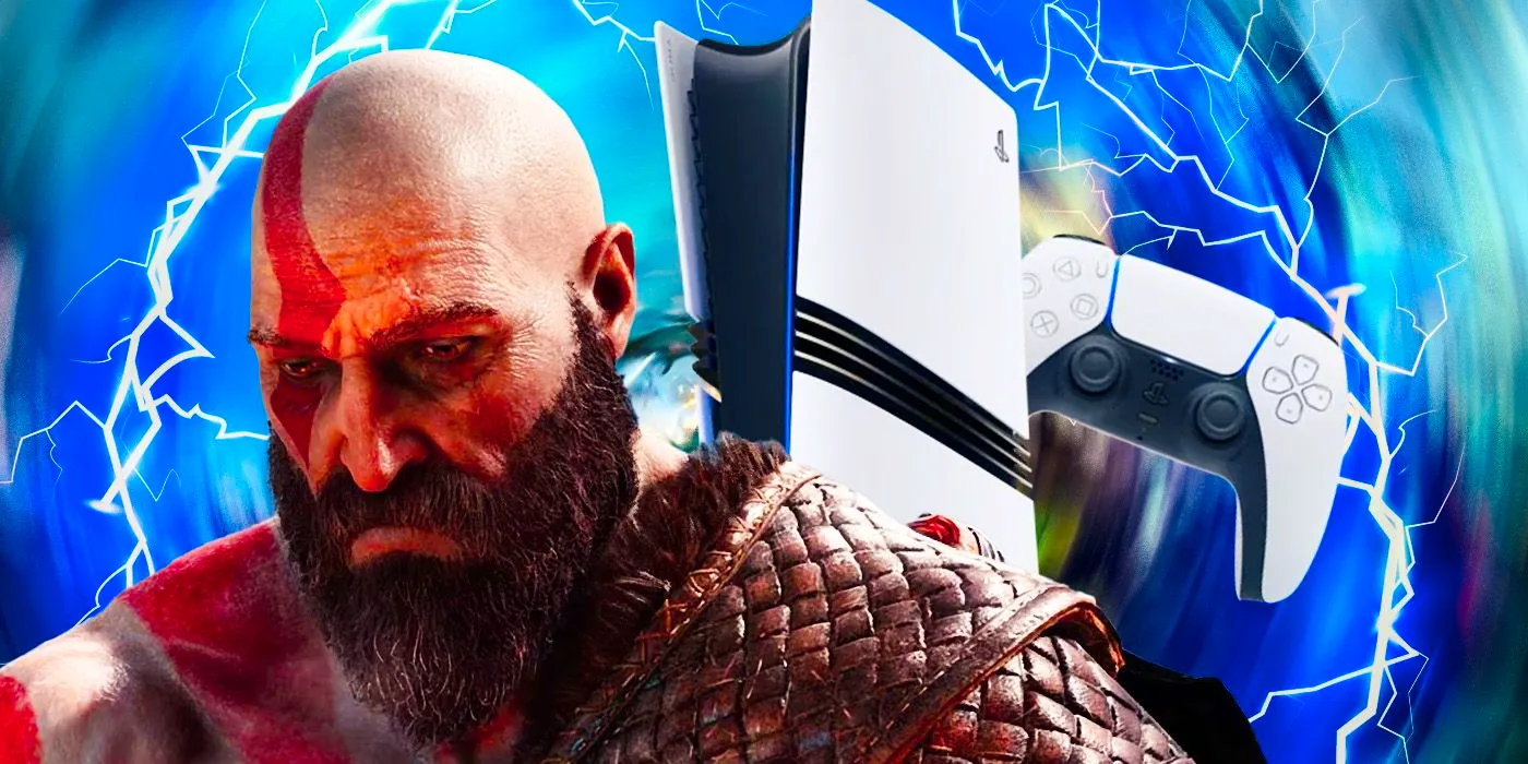 Kratos from God of War, looking sad, with a PS5 Pro and PS5 controller in the background. Image