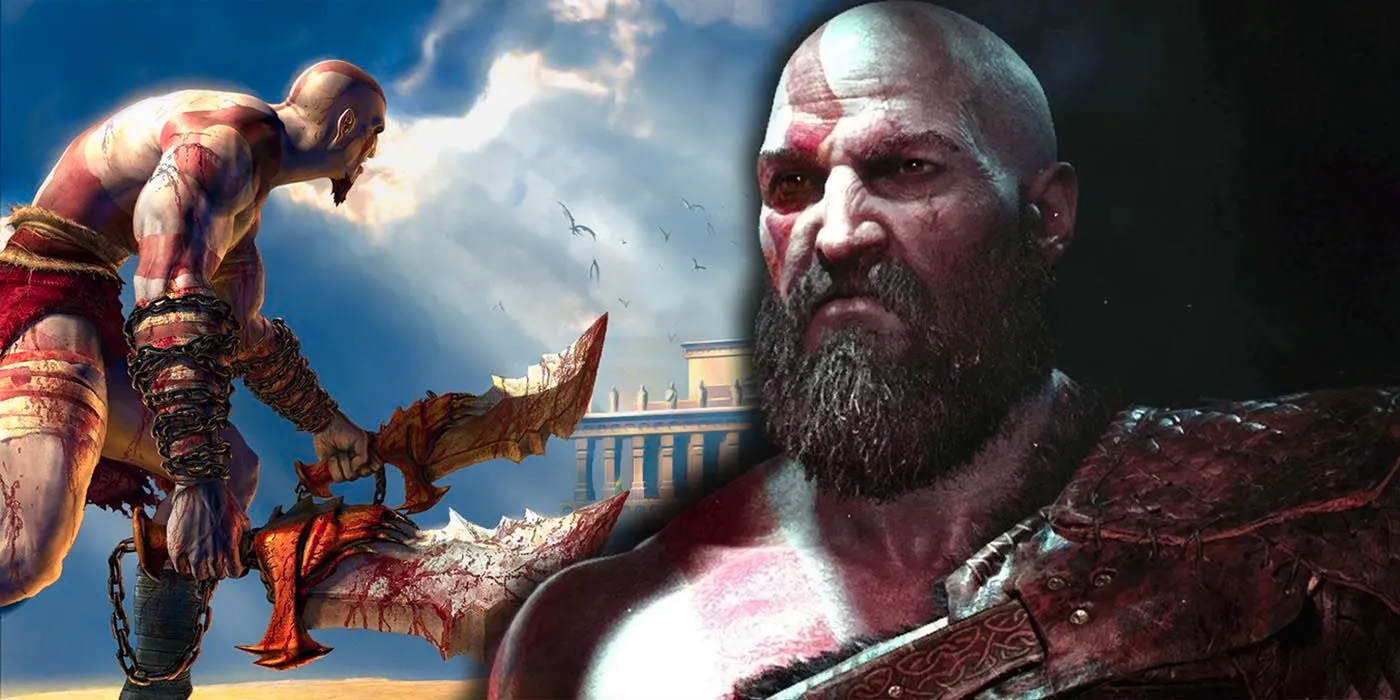 Kratos in God of War 2018 superimposed over Kratos in the original God of War game Image