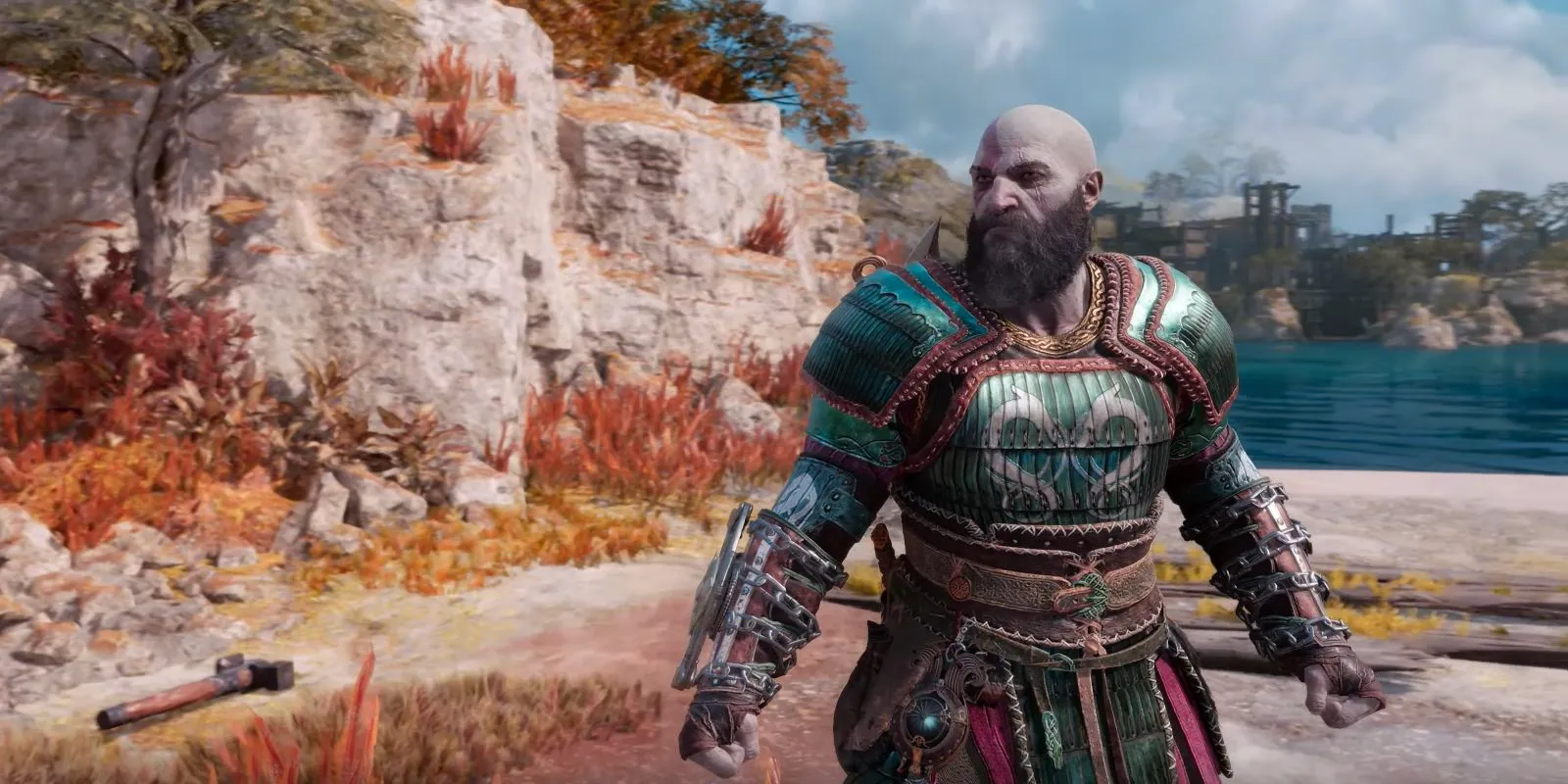 Kratos in the Fortified Husk set, seen in God of War Ragnarok. Image