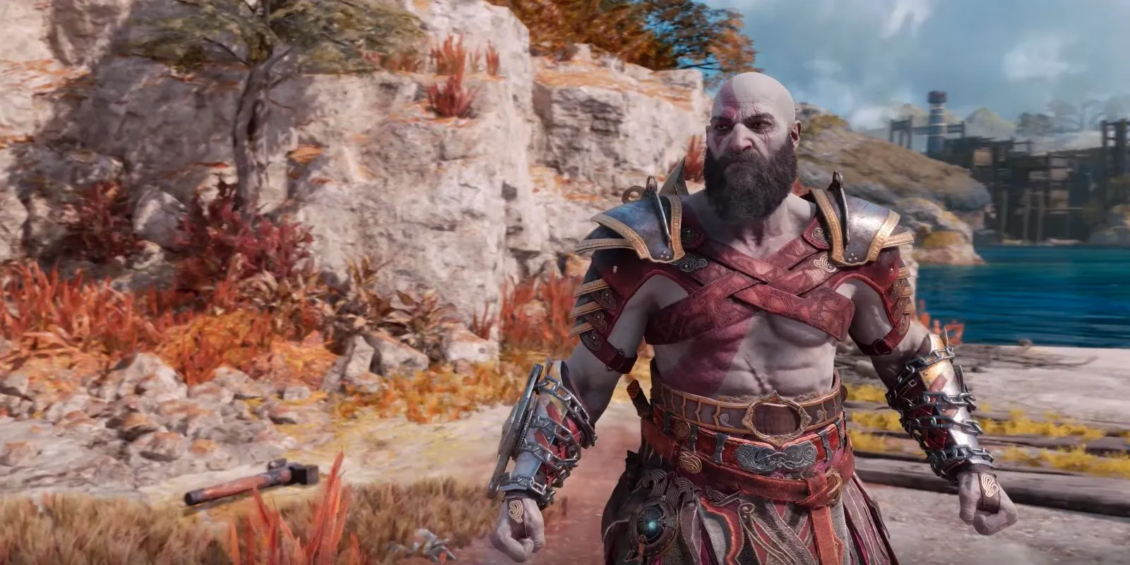 Kratos sporting Sol's Courage, a suit of armor in God of War Ragnarok. Image