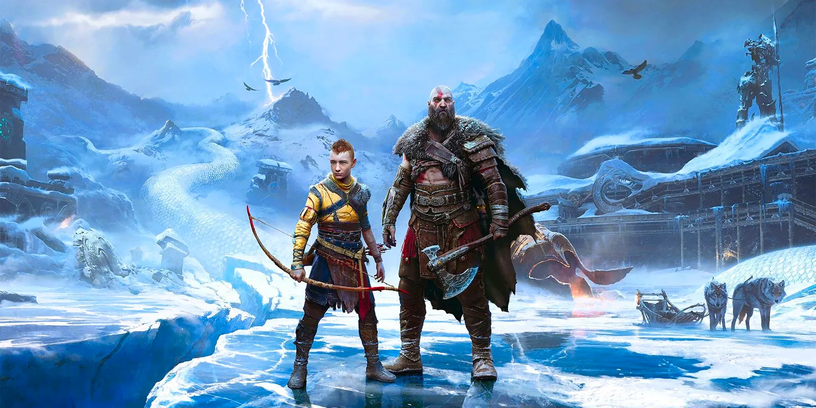 Kratos standing with Atreus in the tundra.  Image