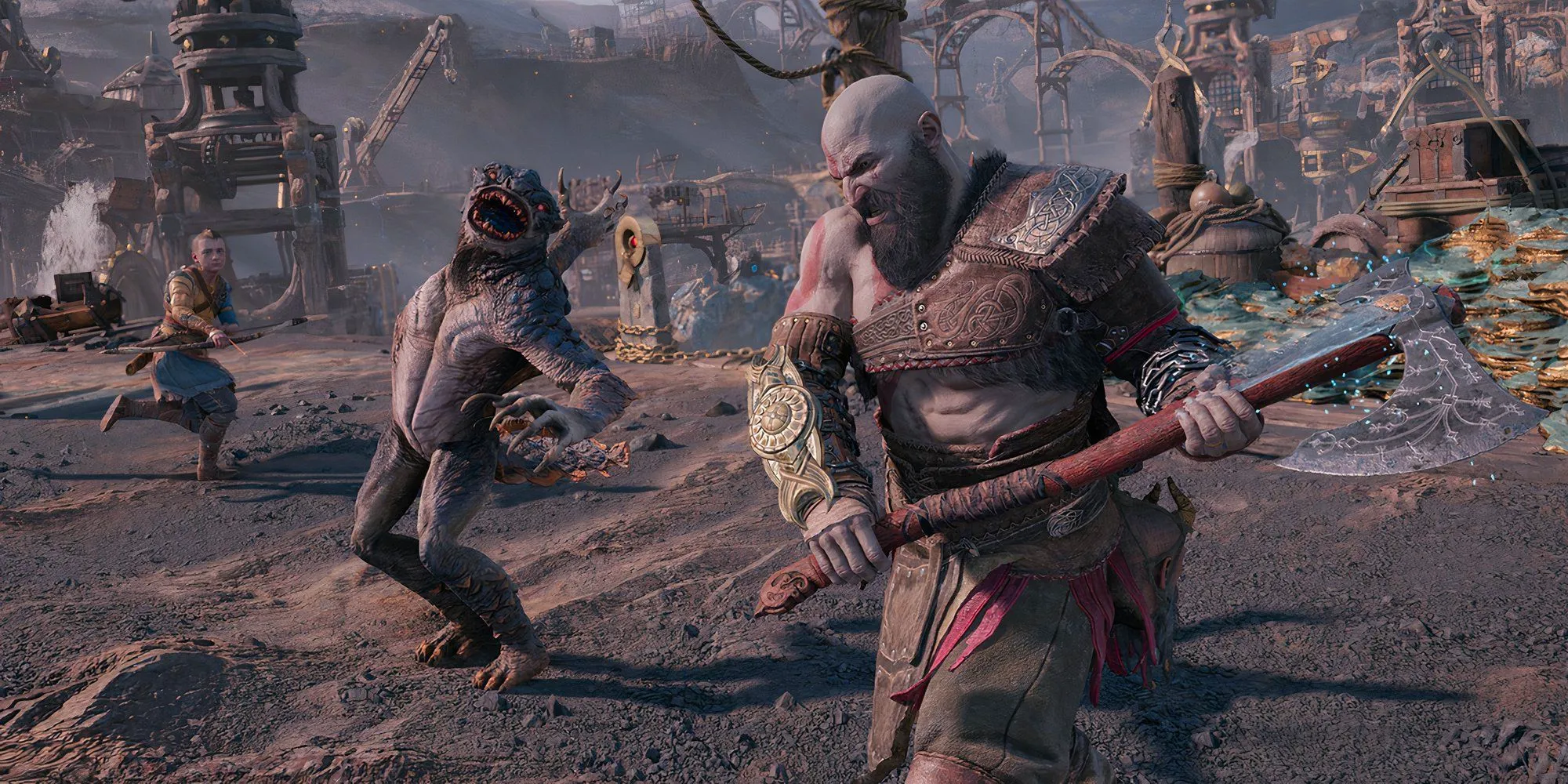 Kratos swings a heavy axe at an enemy in a battle from God of War Ragnarok Image