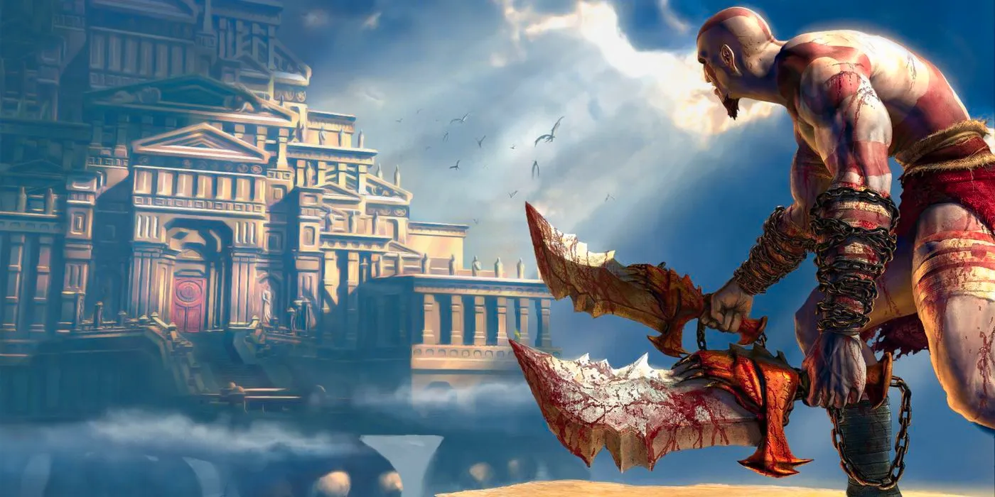 Kratos wields two bloody swords as he approaches a massive fortress in God of War Image