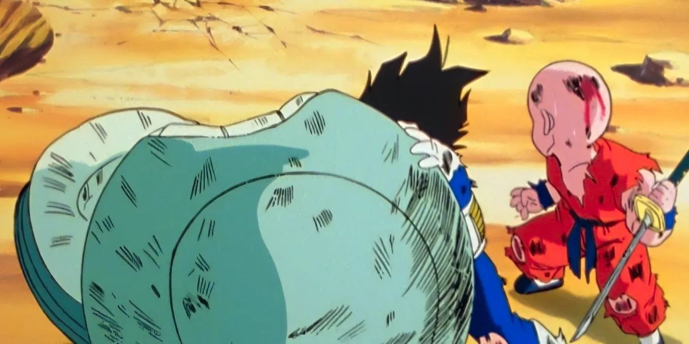 Krillin about to kill Vegeta in Dragon Ball Z. Image