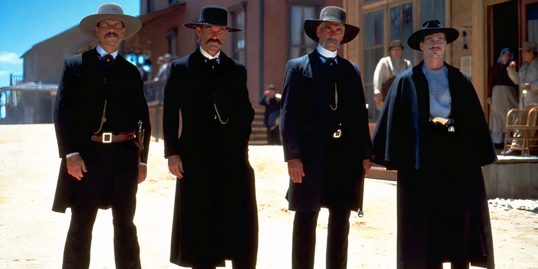 Kurt Russell, Val Kilmer, Sam Elliot, and Bill Paxton as the Earps in Tombstone. Image