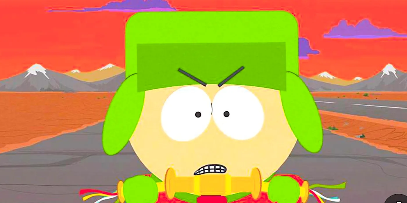 Kyle riding his bicycle on a highway angry in South Park Image