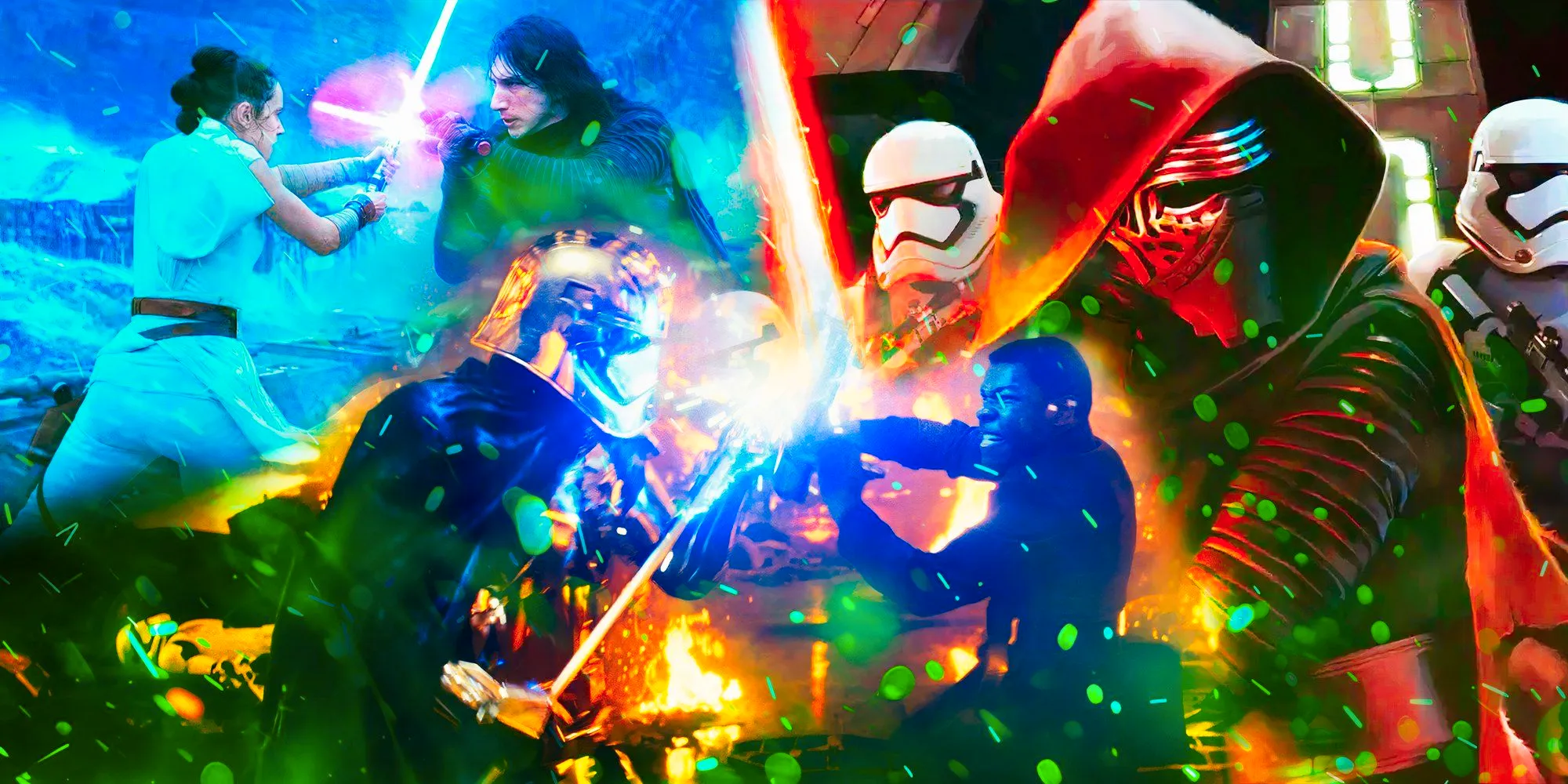 Kylo Ren, Finn, Rey, Captain Phasma, and more all dueling in the Star Wars sequel trilogy Image