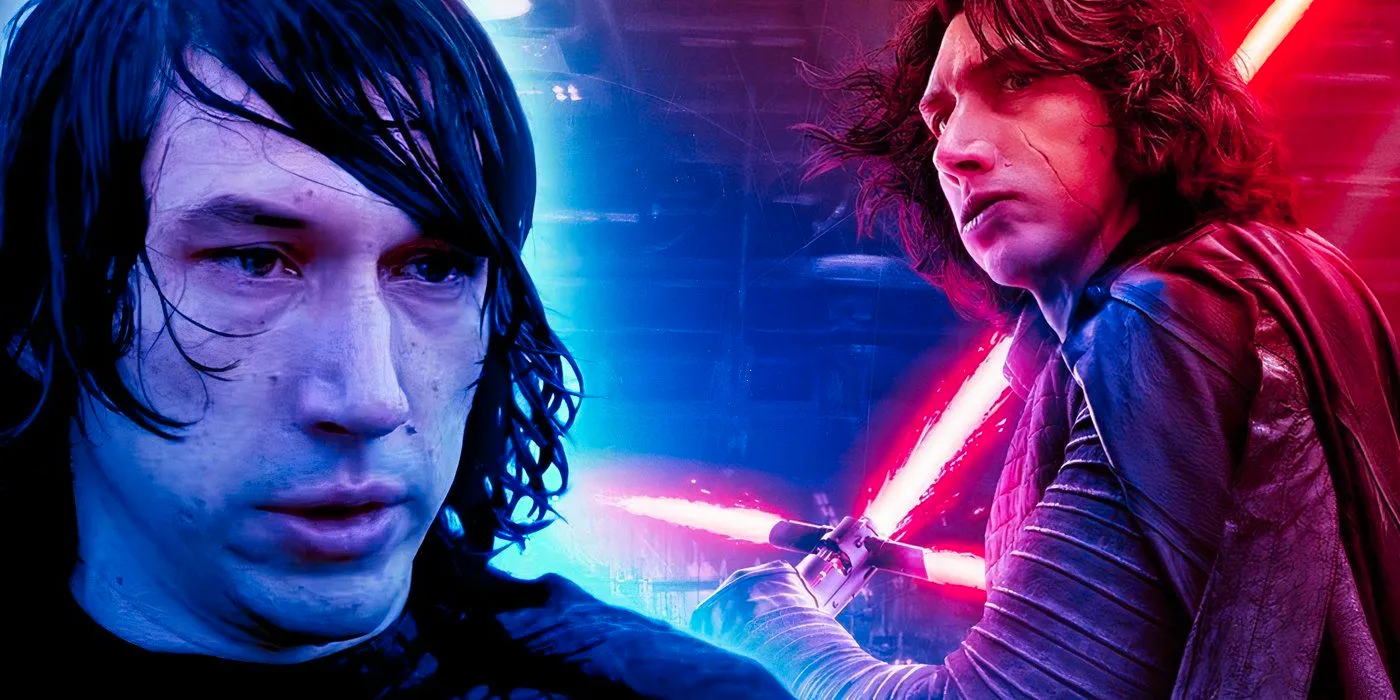 Kylo Ren wielding his red lightsaber in Star Wars. Image