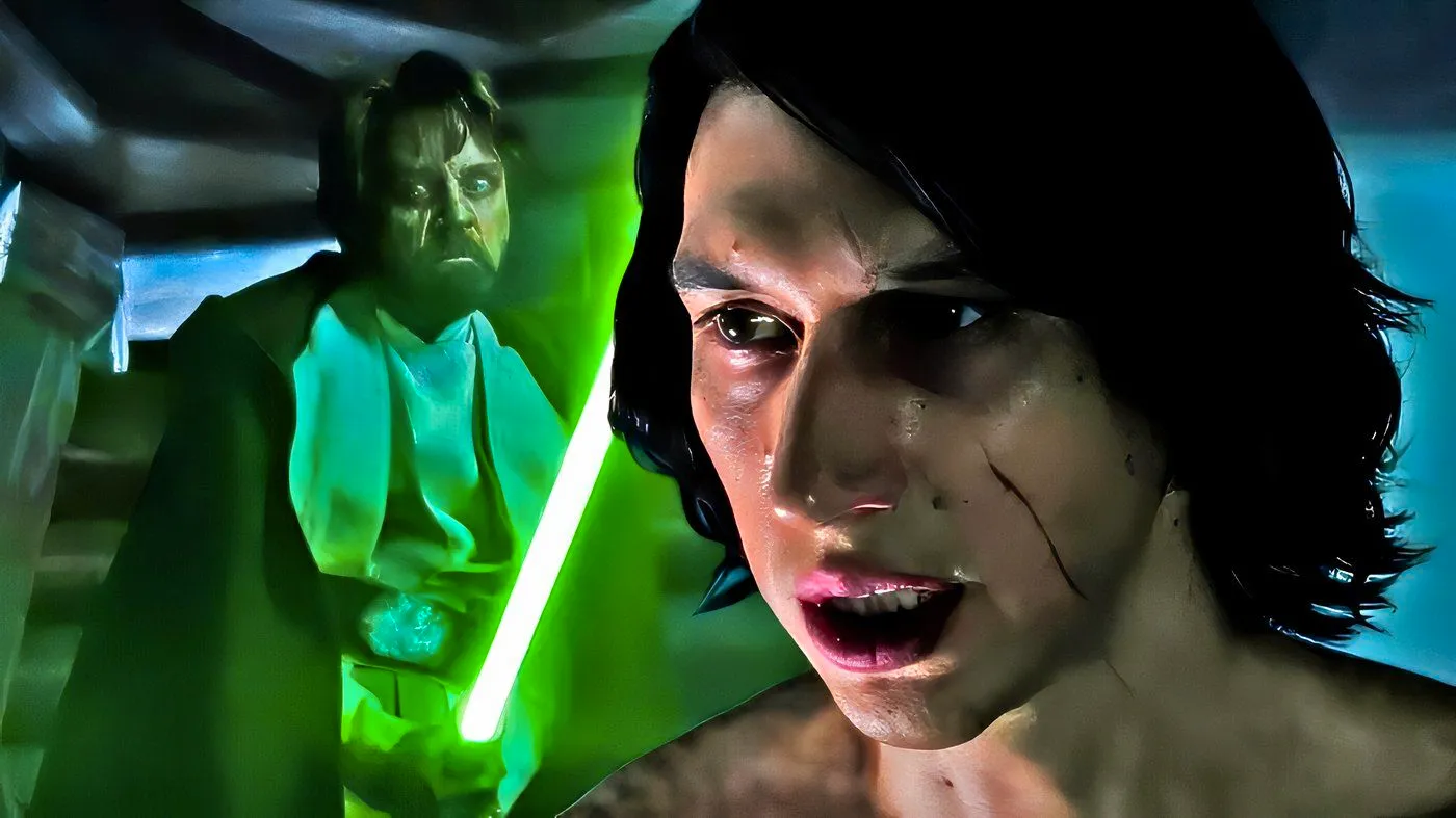 Kylo Ren without his helmet and Luke Skywalker wielding his green lightsaber behind him. Image