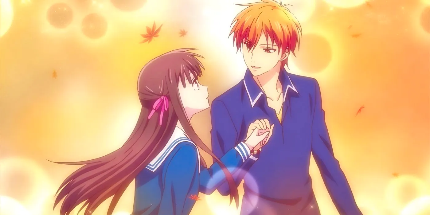 Kyo smiles as he holds Tohru's hand from Fruits Basket. Image