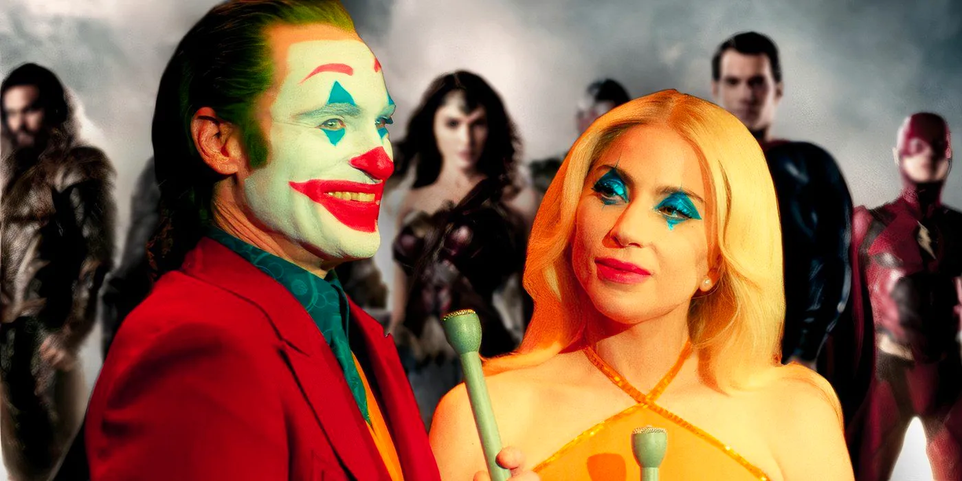 Lady Gaga's Harley Quinn interviewing Joaquin Phoenix's Joker on stage in Joker Folie A Deux (2024) in the front, blured image of the DCEU's Justice League in the background Image