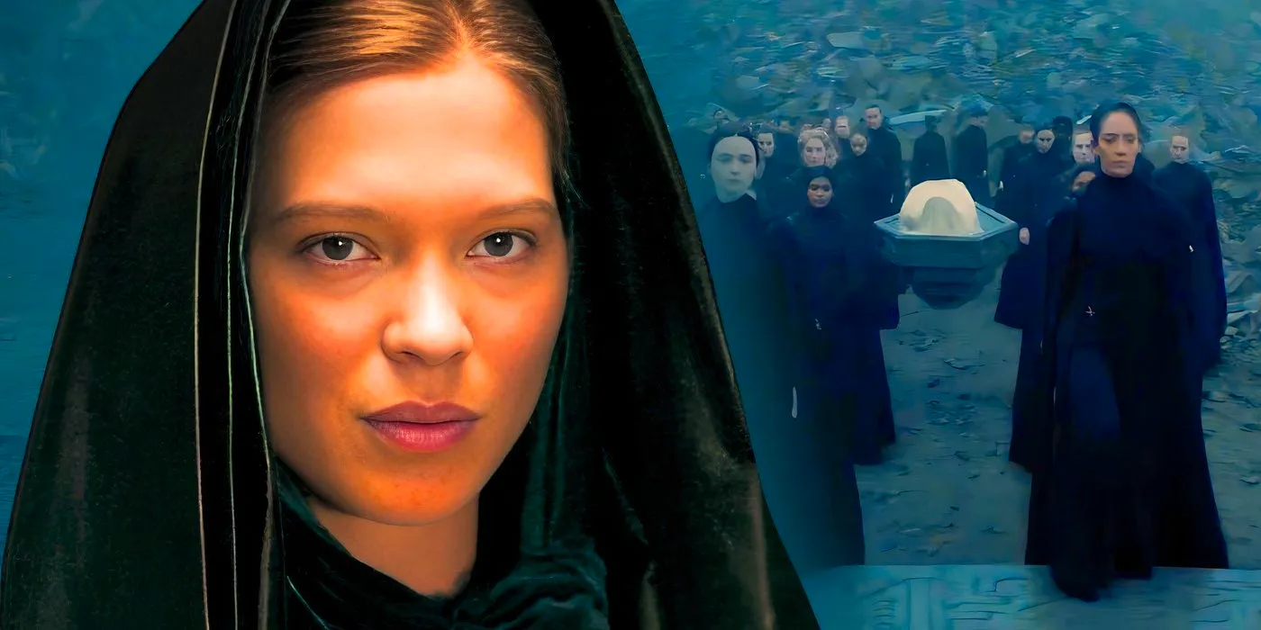 Lady Margot Fenring (Léa Seydoux) looking serious in Dune 2 with imagery of a Bene Gesserit procession behind her from Dune - Prophecy Image