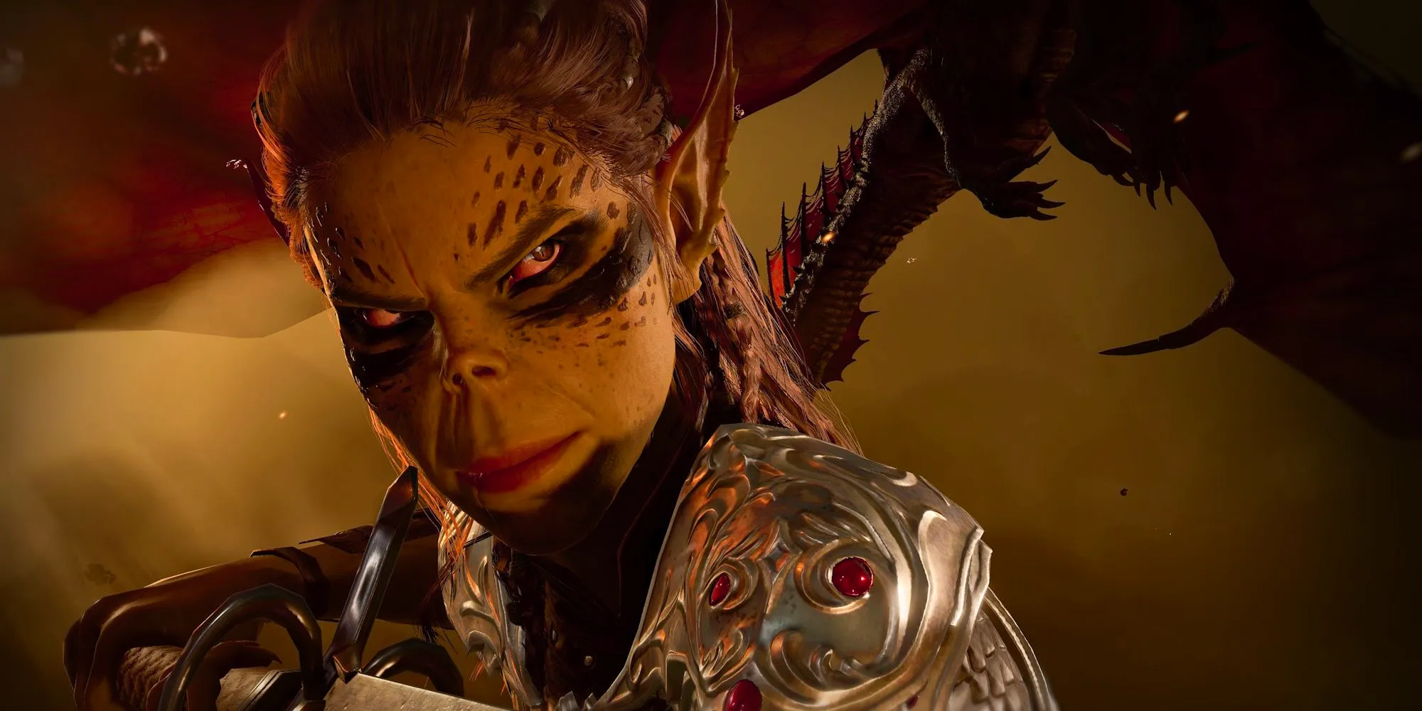 Lae'zel from Baldur's Gate 3 smirks as she prepares to attack. Image