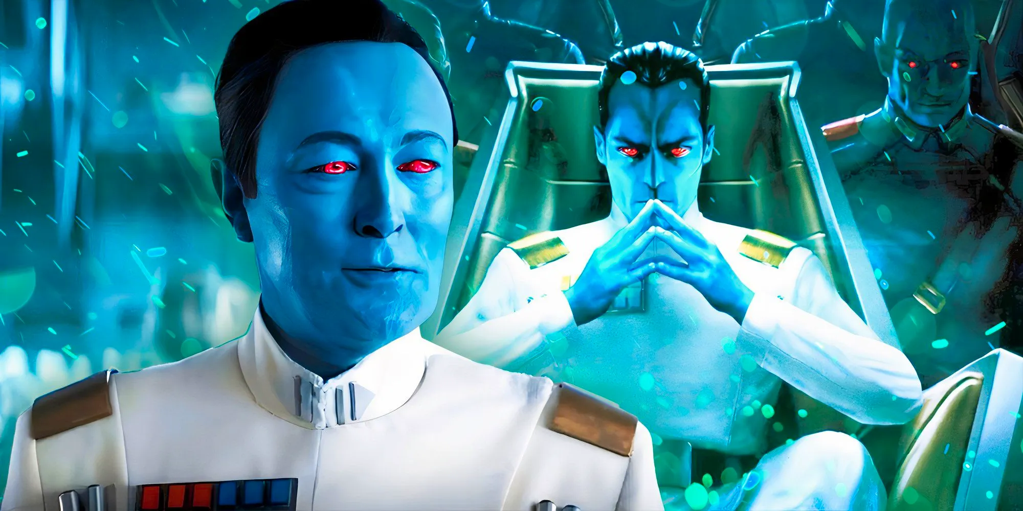 Lars Mikkelsen's Grand Admiral Tharwn smirks in Ahsoka, edited over an illustration of Thrawn Image