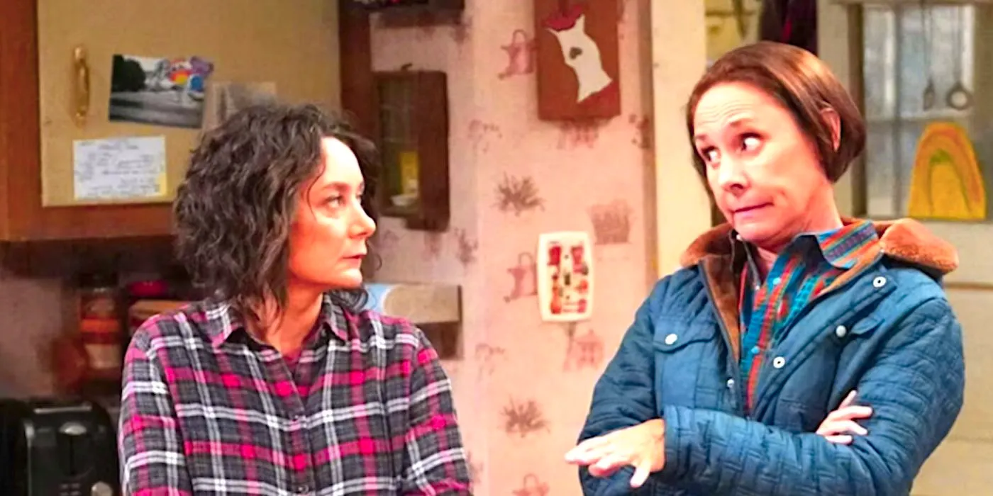 Laurie Metcalf's Jackie looks at Sara Gilbert's Darlene in the kitchen from The Conners Image