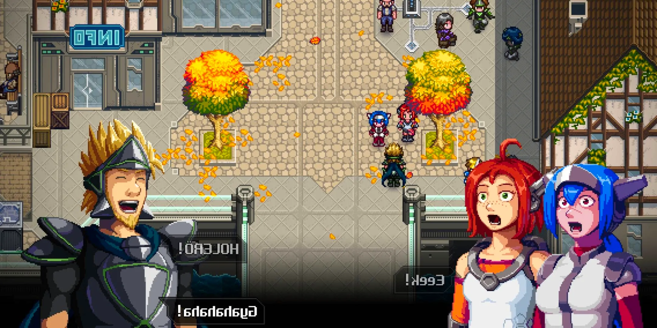 Lea and Emilie-Sophie de Belmond talking to Lukas in Crosscode. Image