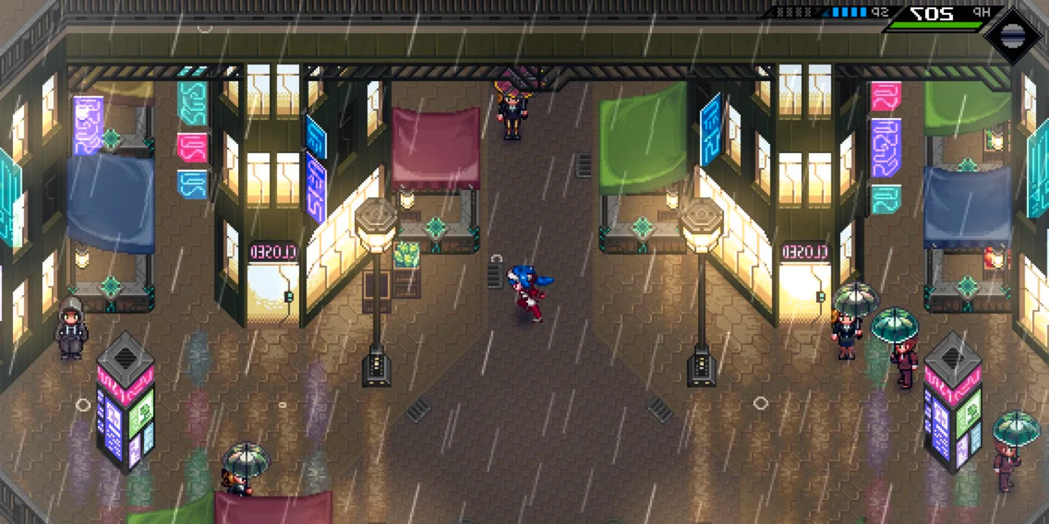 Lea running through a futuristic town in Crosscode. Image