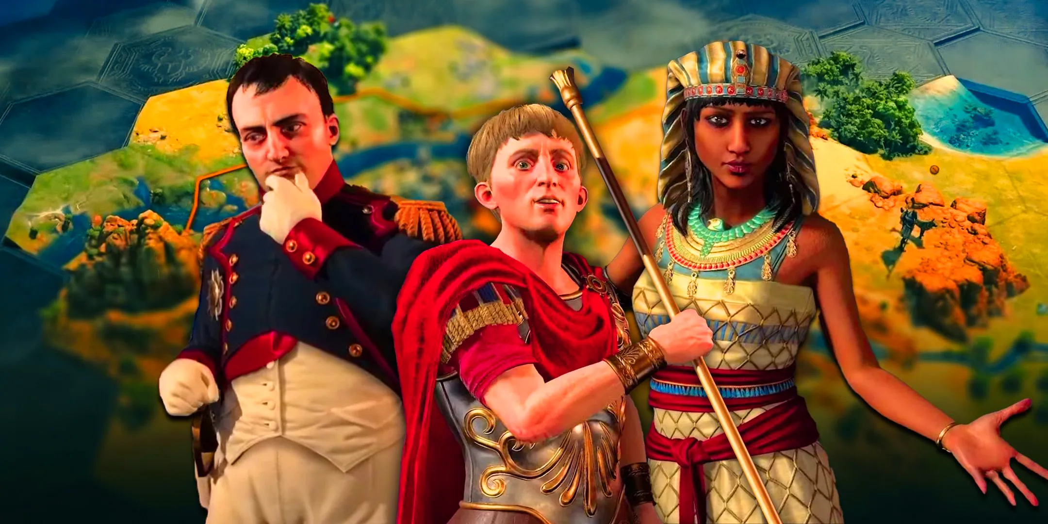 Leaders from Civilization 7 looking at the screen with a map in the background.  Image