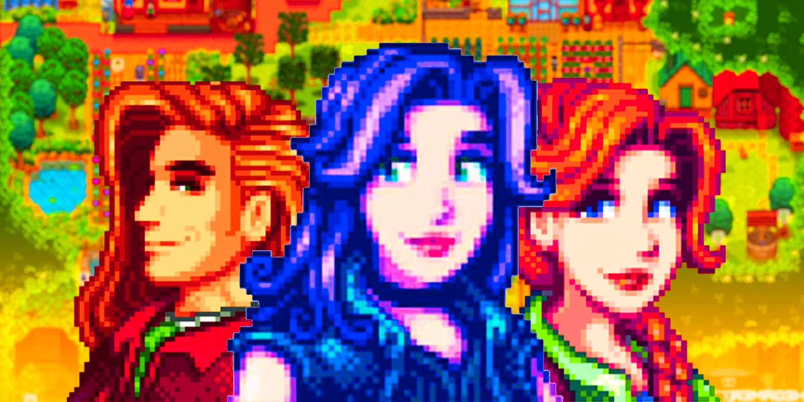 Leah, Elliot, and Abigail's portraits from Stardew Valley with a farm. Image