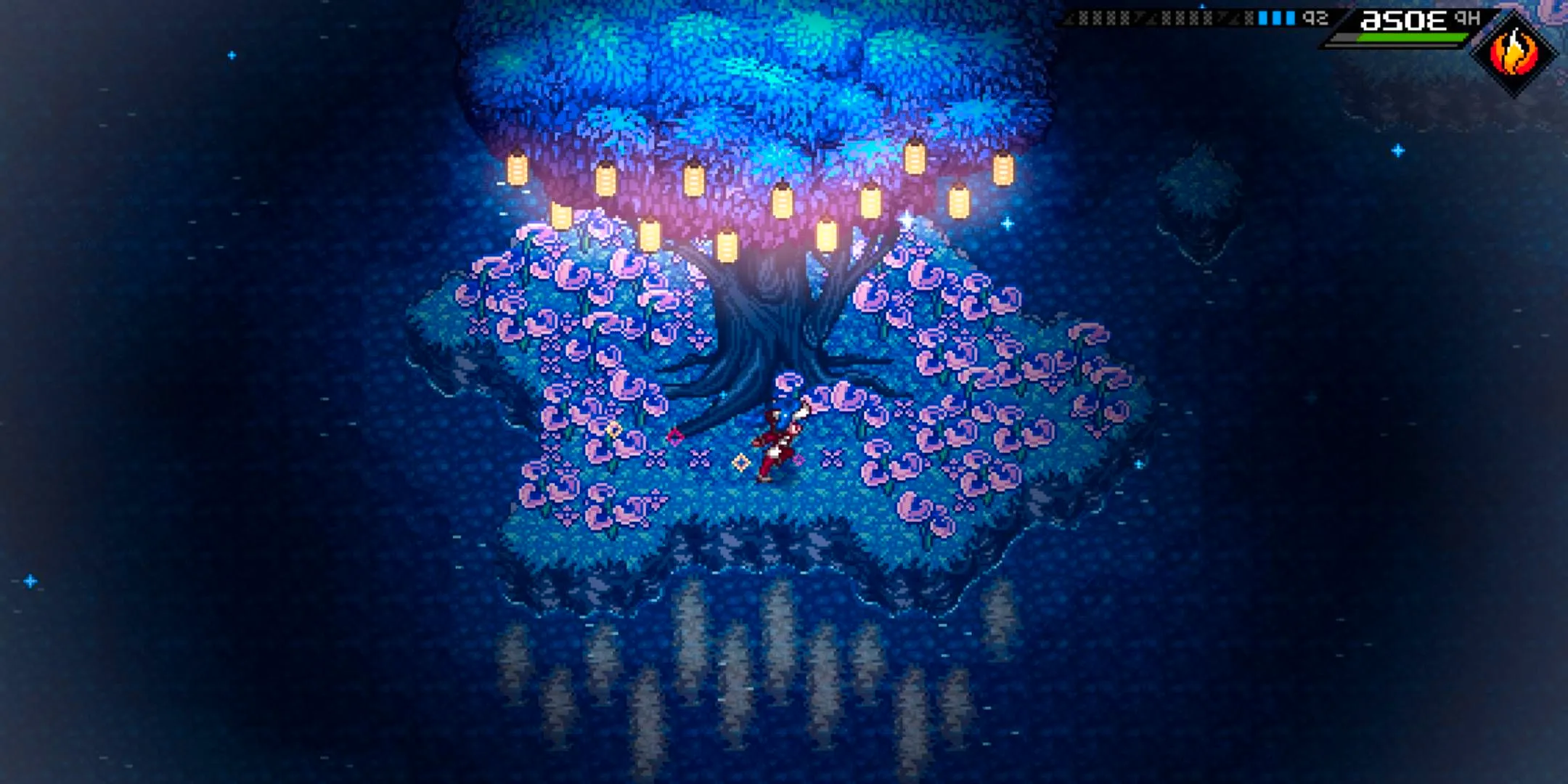 Leak running underneath a cherry blossom tree in Crosscode. Image