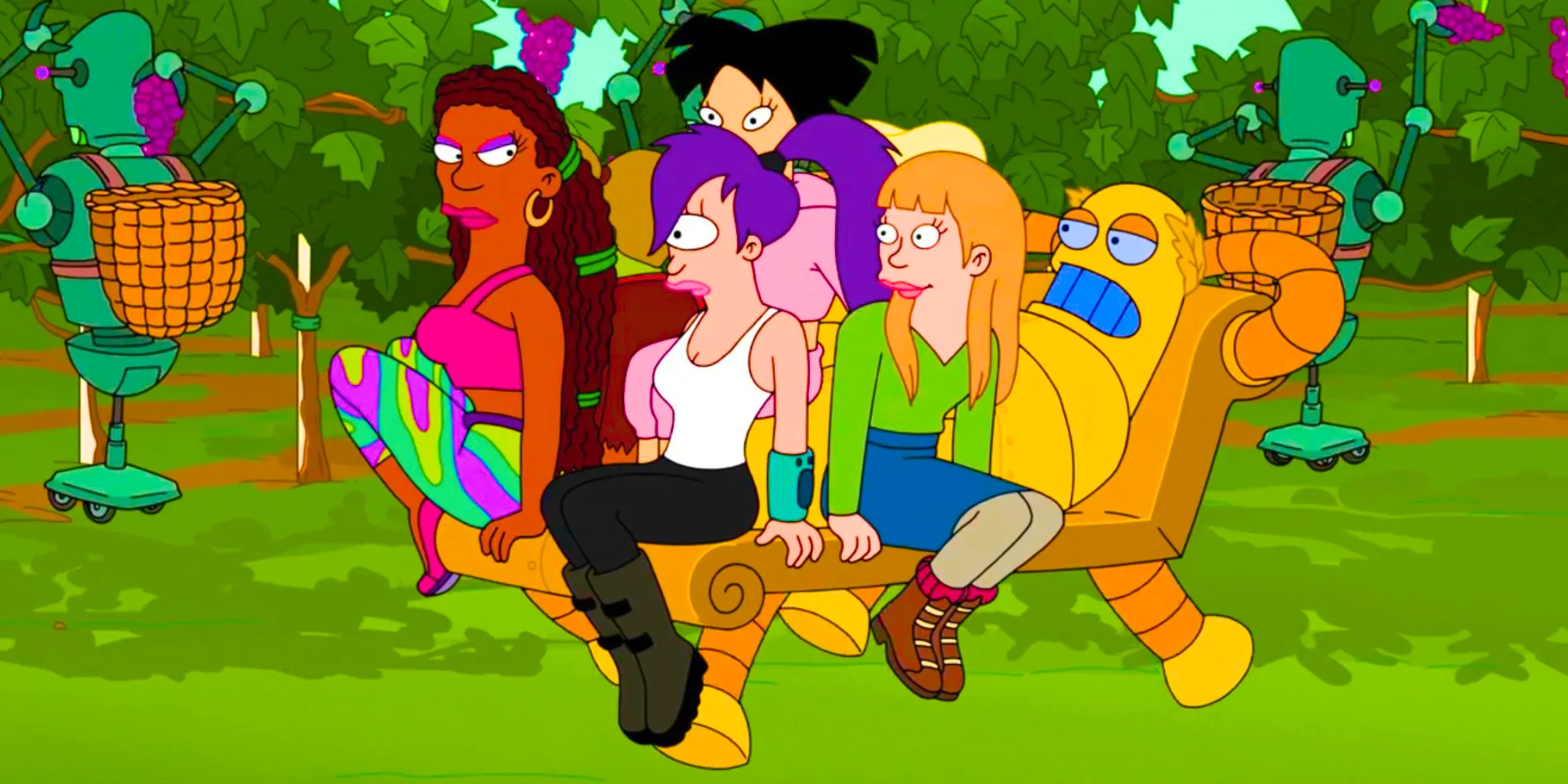 Leela, Phoebe, Amy, and LaBarbara all taking a ride through a winery on Hedonism bot in Futurama Image