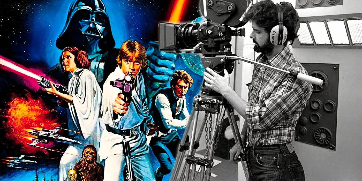 Left: Black and white phot of George Lucas wearing headphones and looking into a camera on the set of A New Hope; Right: Poster for Star Wars: A New Hope. Image