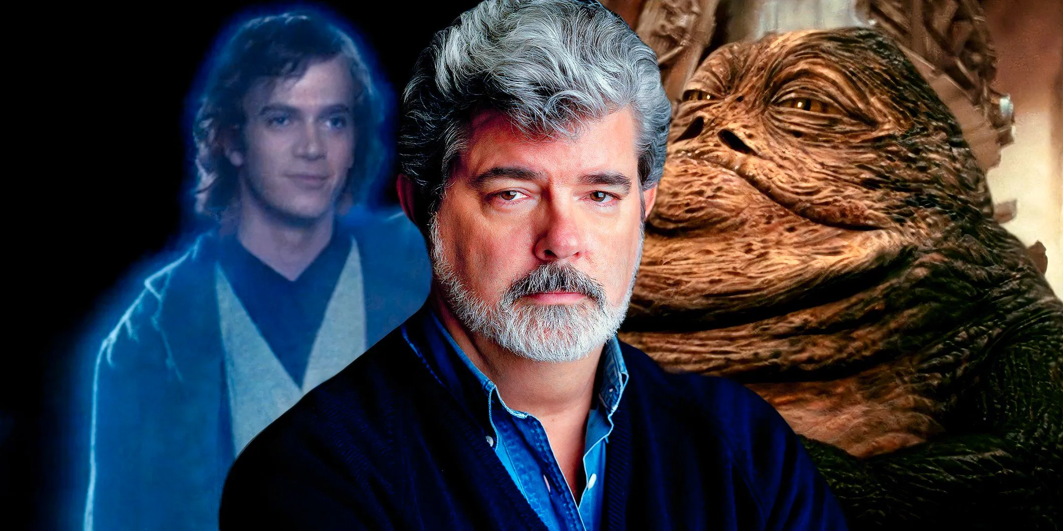 Left: CGI Jabba the Hutt in A New Hope; Center: George Lucas with no glasses; Right: Hayden Christensen as Anakin Skywalker's Force Ghost in Return of the Jedi. Image