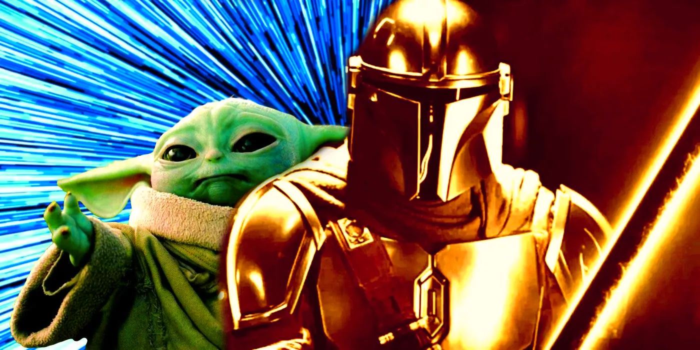 Left side: A gold-tinted Din Djarin holding the Darksaber; right side: Grogu raising his had to use the Force with hyperspace in the background. Image