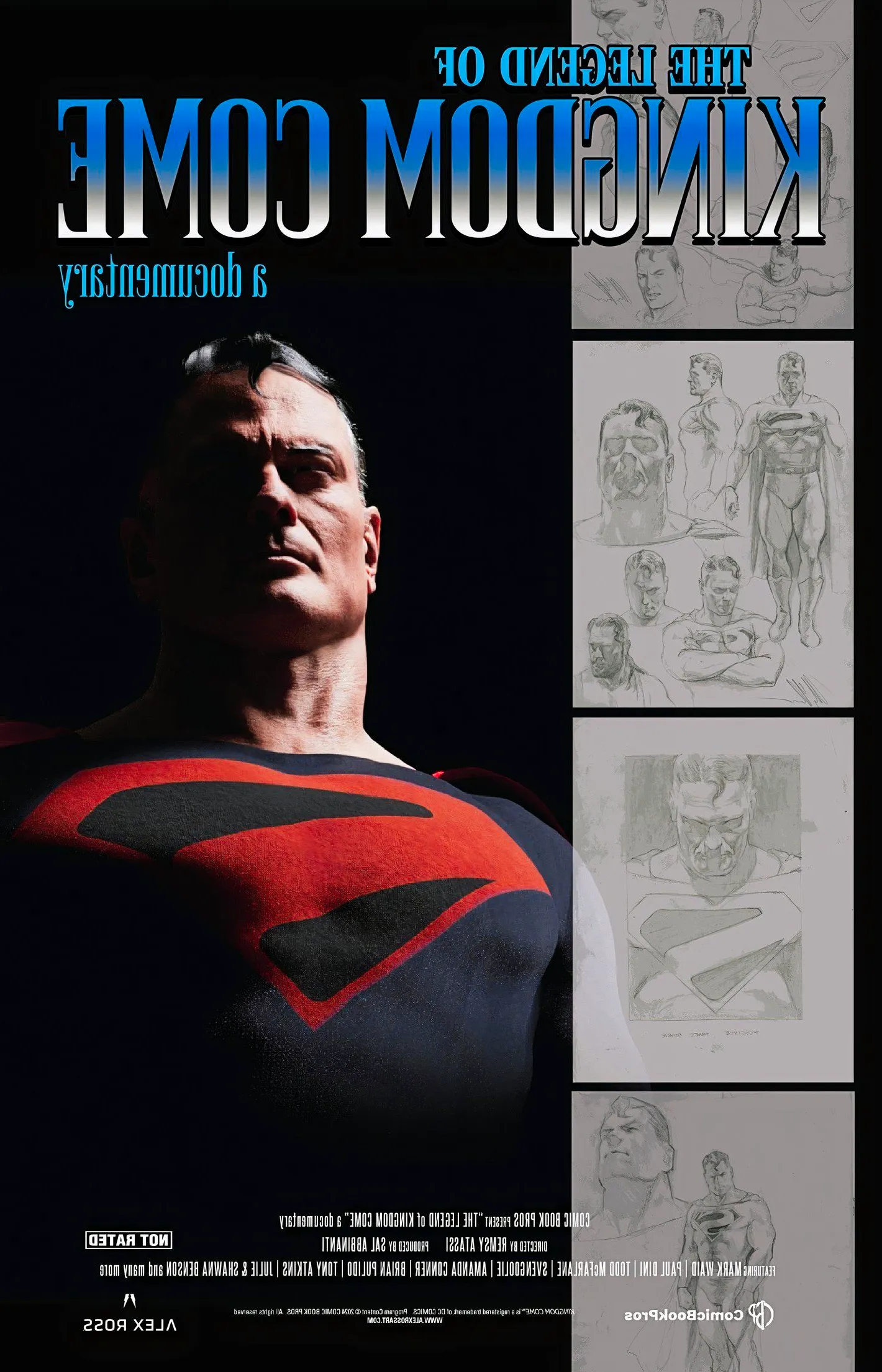 Legend of Kingdom Come documentary poster, featuring an Alex Ross portrait of Superman alongside concept art pages. Image