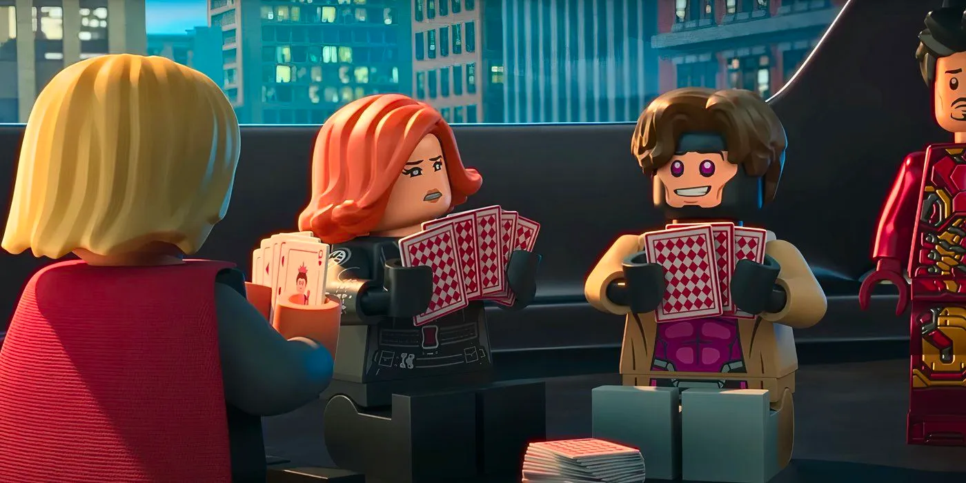 Lego Gambit, Black Widow, and Thor play cards in a building in Lego Marvel Avengers Mission Demolition (2024) Image