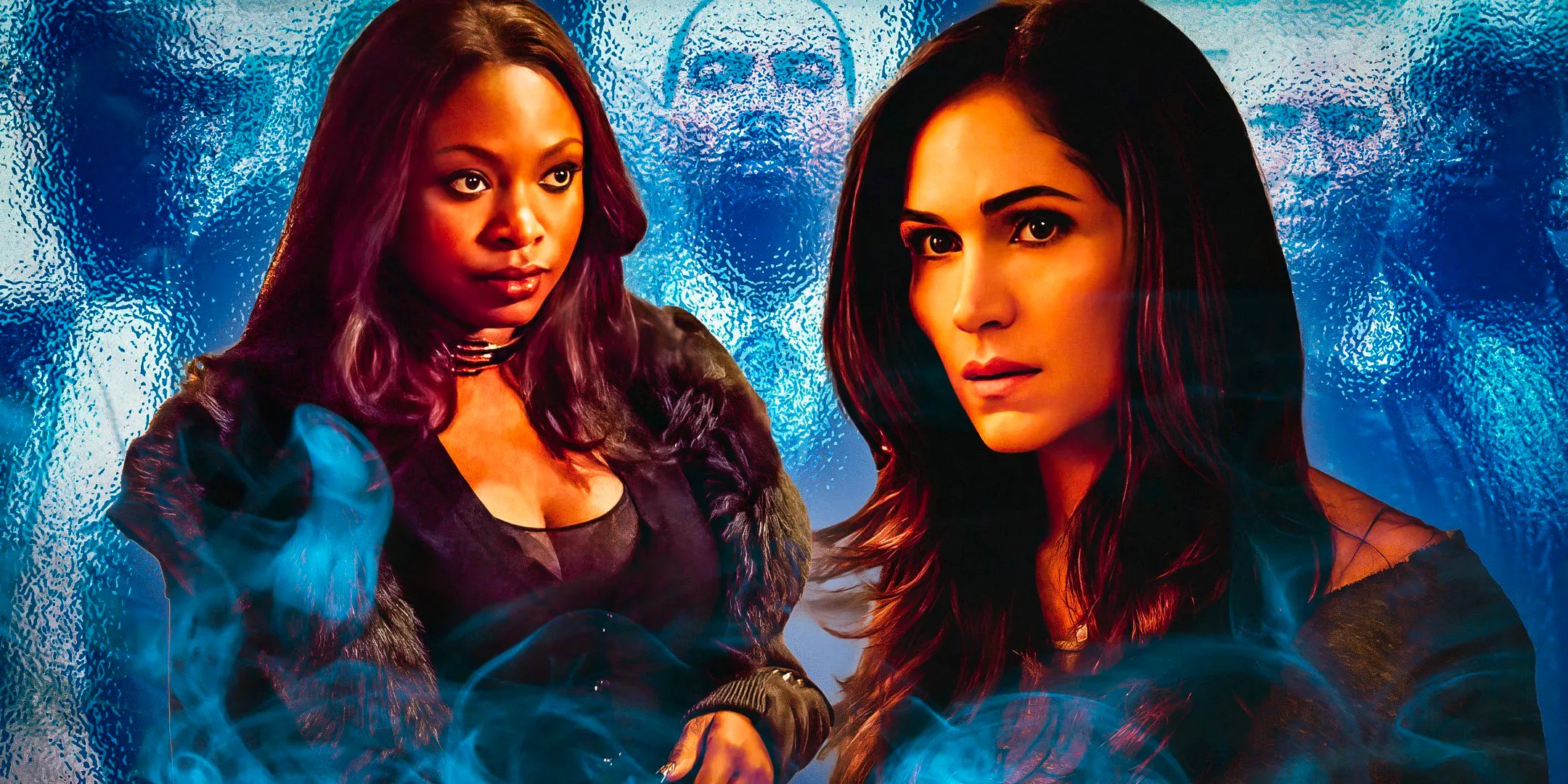 Lela Loren as Angela Valdes and Naturi Naughton as Tasha St. Patrick in Power with other characters blending into the background Image