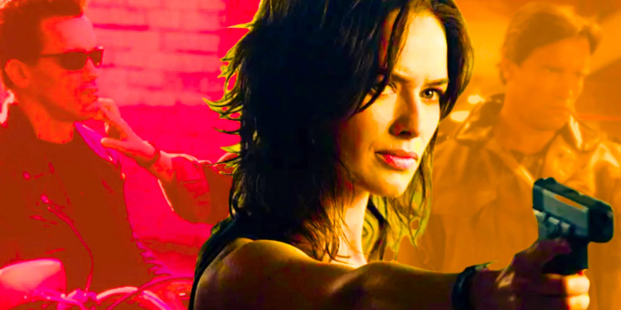 Lena Headey as Sarah Connor from the Sarah Connor Chronicles against a blending backdrop from Terminator movies Image