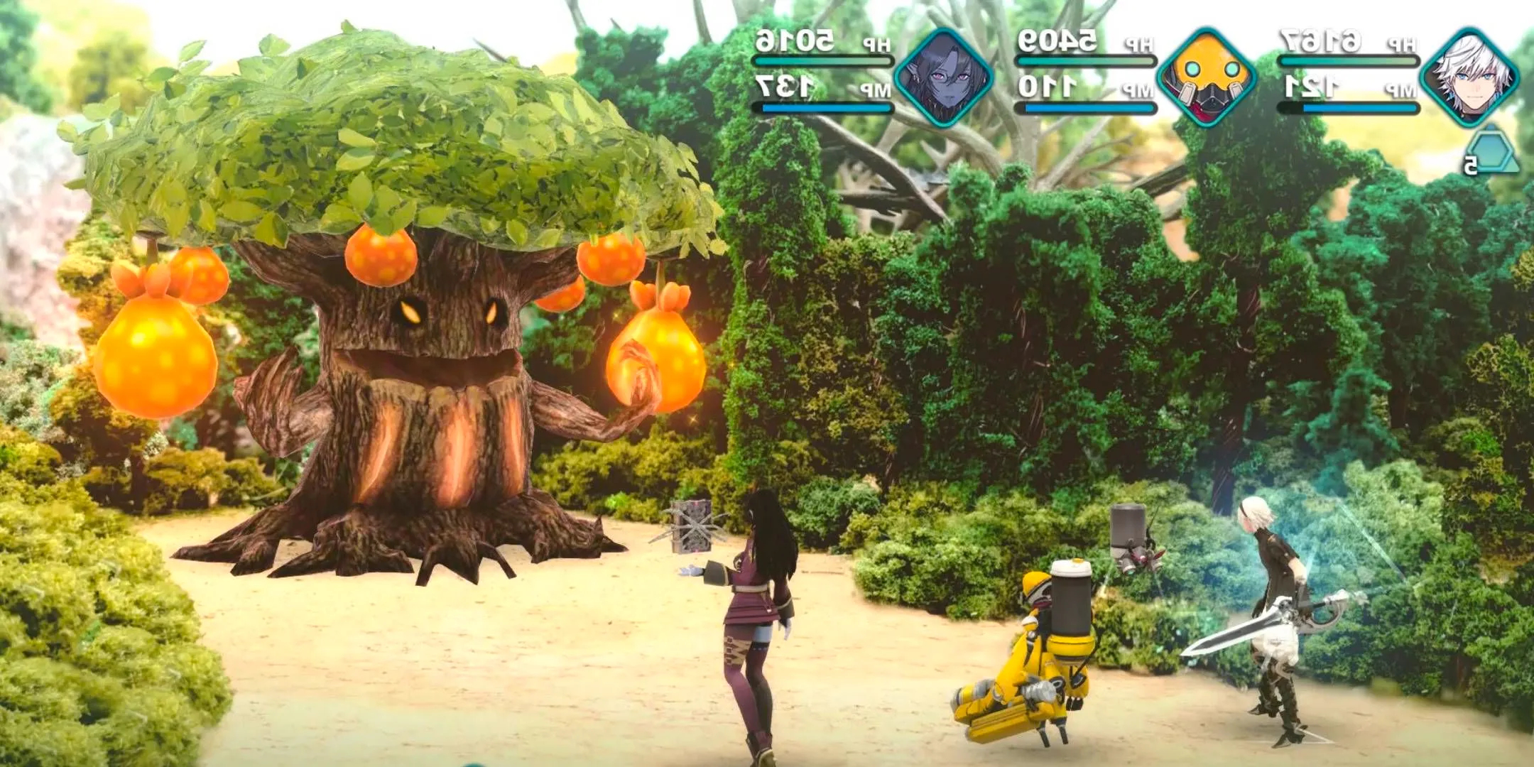 Leo, Prickle and Clicker, and Valrika fighting a giant tree in Fantasian Neo Dimension. Image