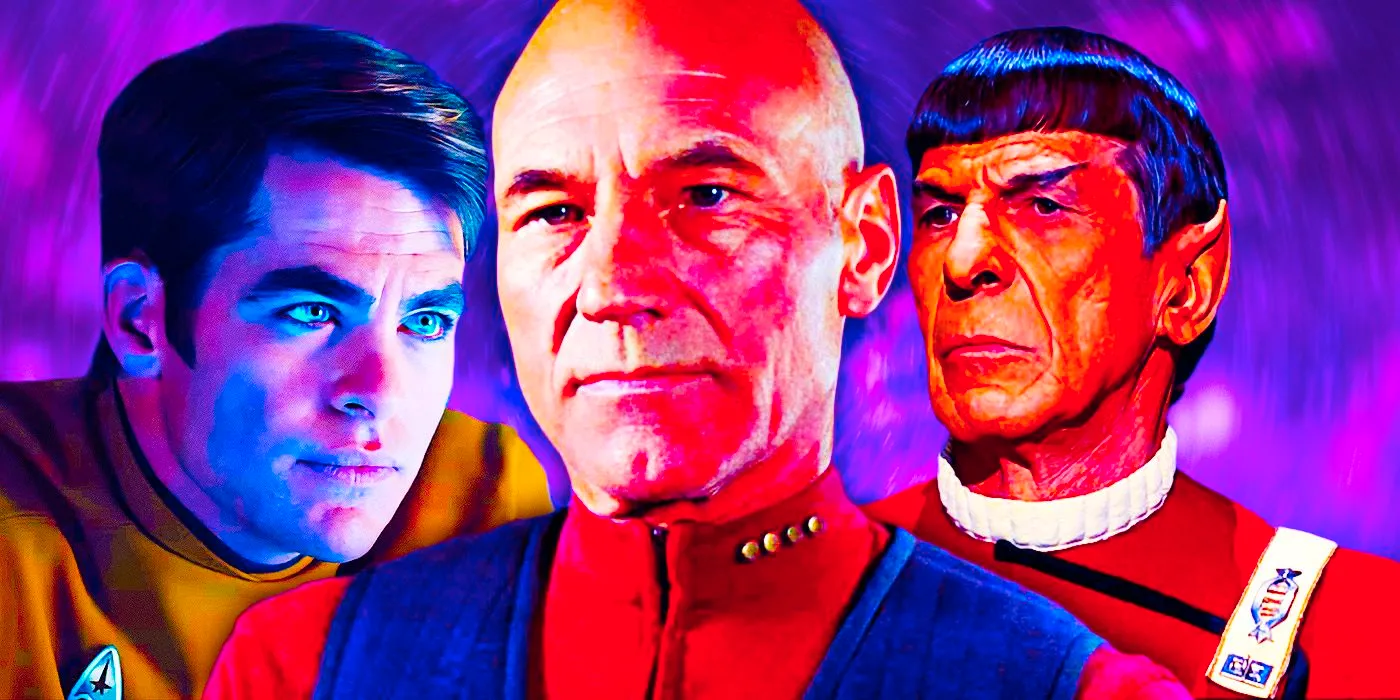 Leonard Nimoy as Spock, Patrick Stewart as Captain Picard, Chris Pine as Captain Kirk Image