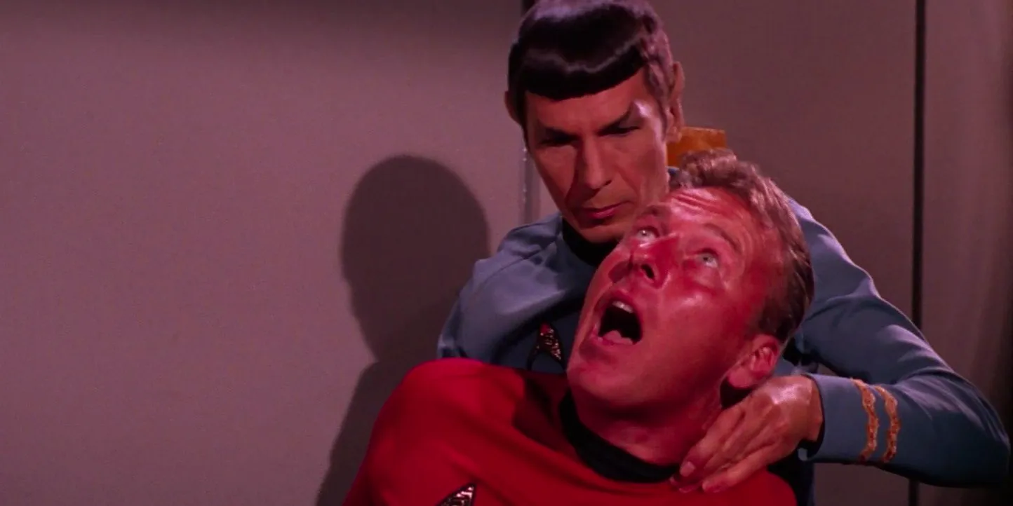 Leonard Nimoy as Spock performing the Vulcan nerve pinch on Star Trek. Image