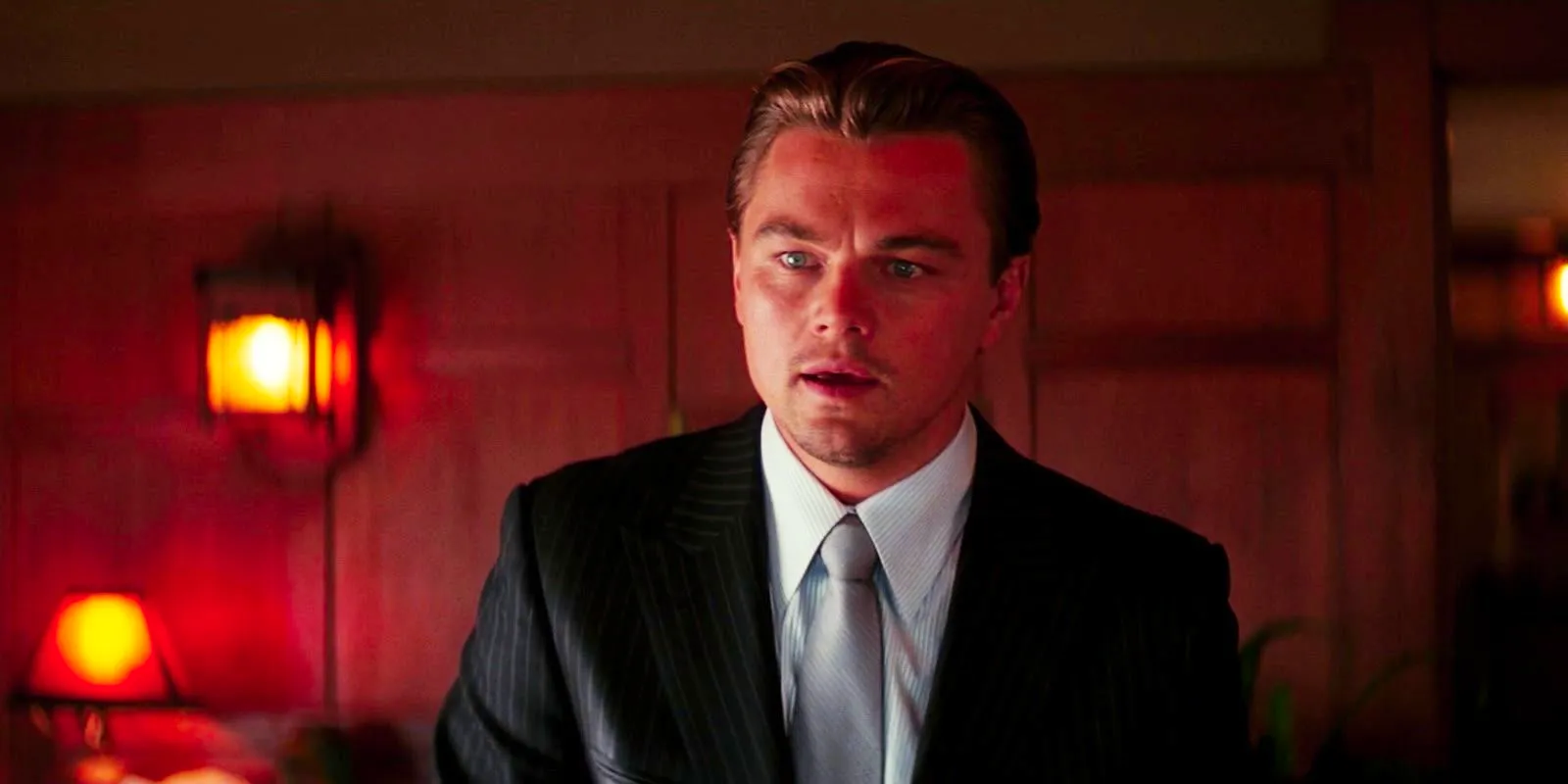 Leonardo DiCaprio as Cobb looking surprised in Inception Image